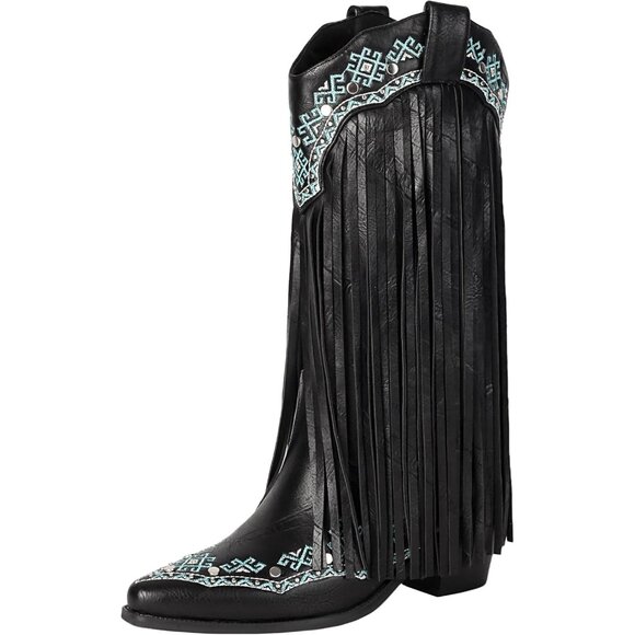⚡Women's Black Snip Toe Cowgirl Mid Calf Boots With Rivets Pull On Chunky Heel - Picture 1 of 5